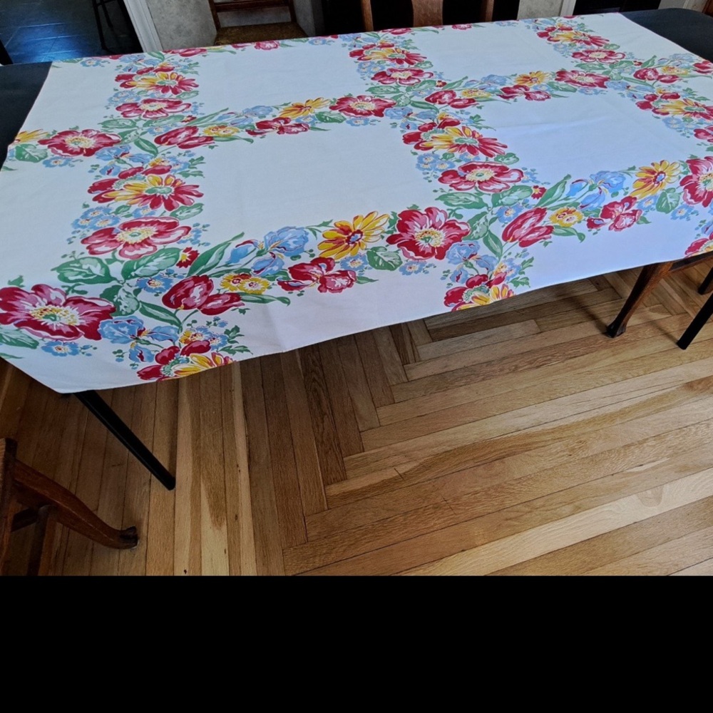 Vintage 1950s colorful Floral blockTablecloth